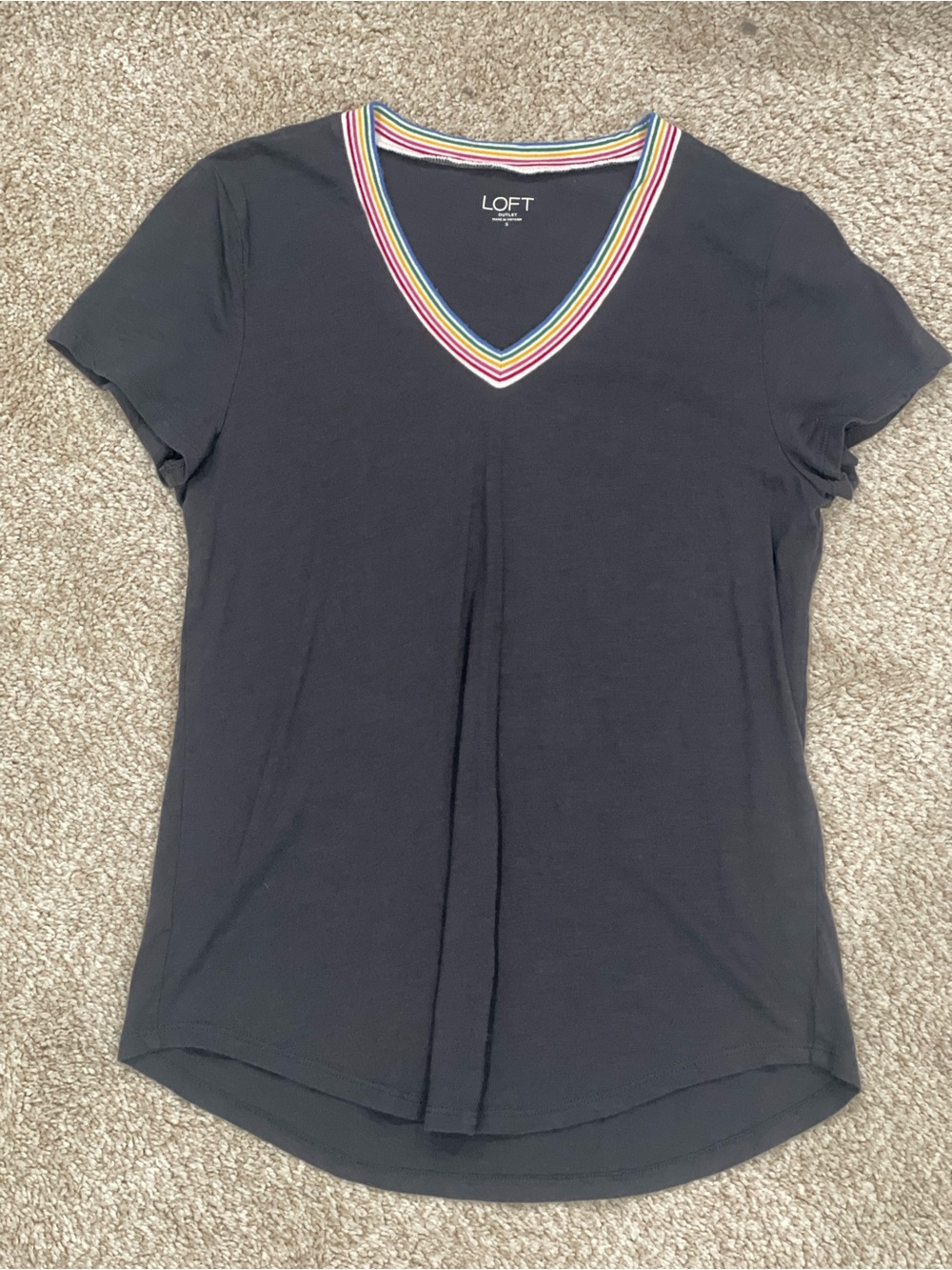 LOFT Black V-Neck Tee with Rainbow Stripe Trim